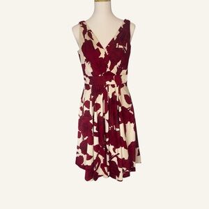 Lafayette 148 New York Cream and Burgundy Floral V-Neck Midi Dress